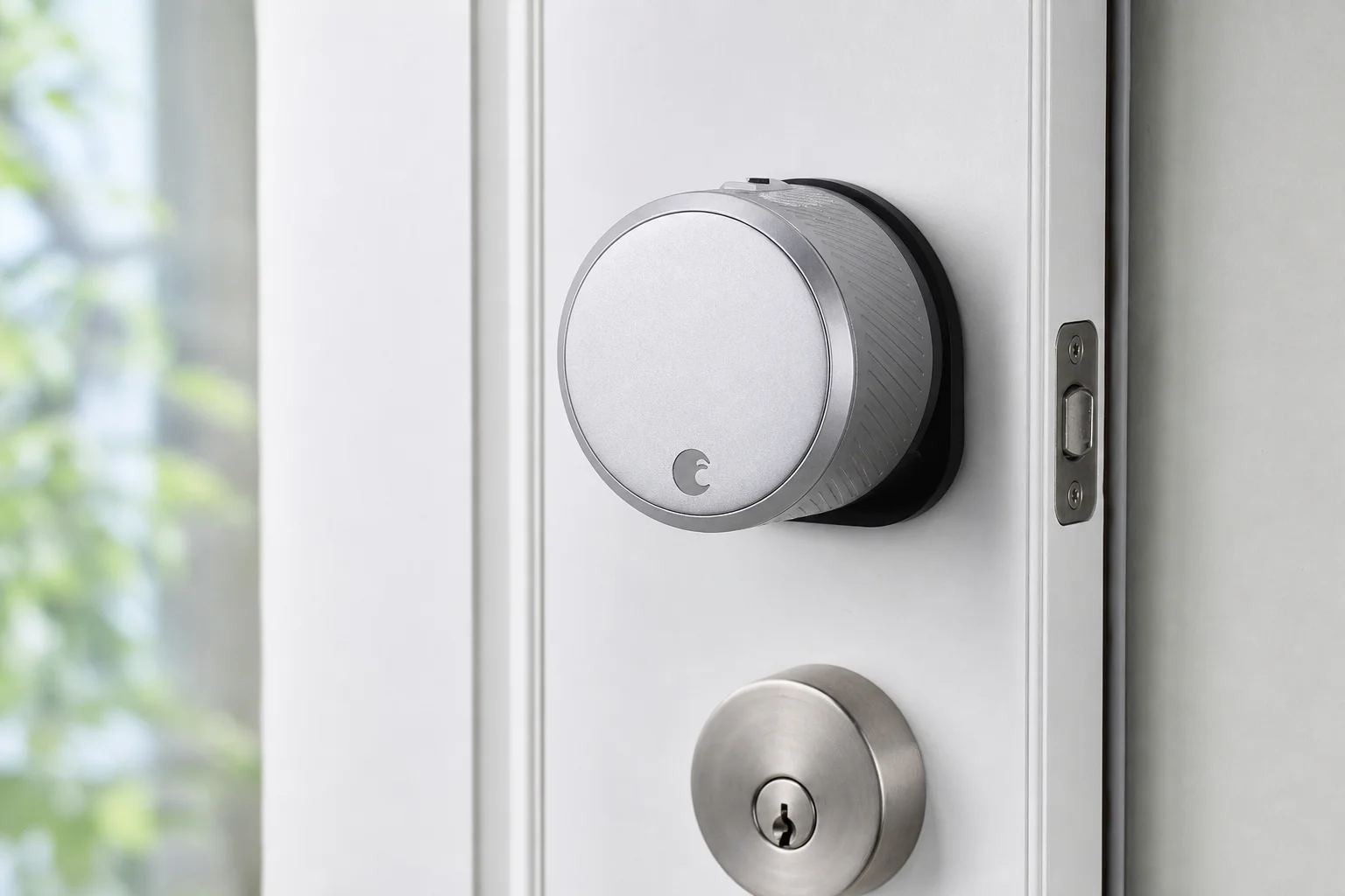 Smart home devices including hub, streaming device, thermostat, lock, and lights on a desk
