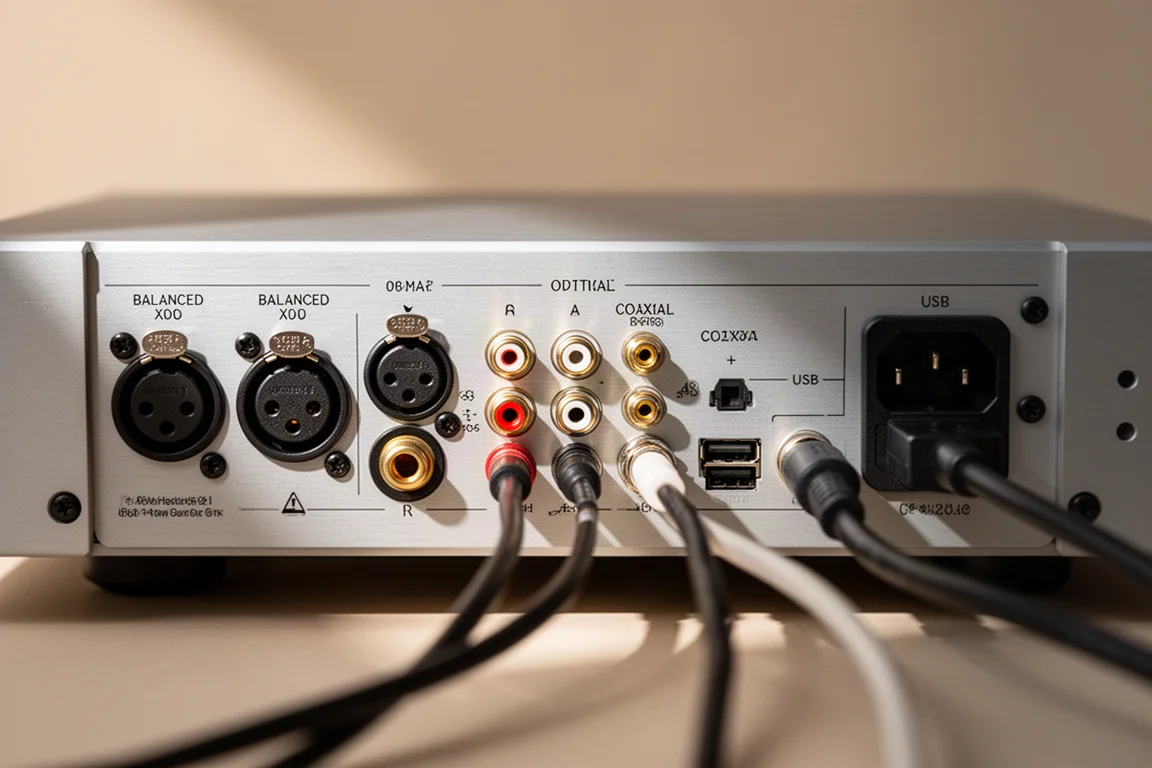 Zbliżenie tylnego panelu audio ze złączami XLR, RCA, optycznym, koncentrycznym, USB i IEC