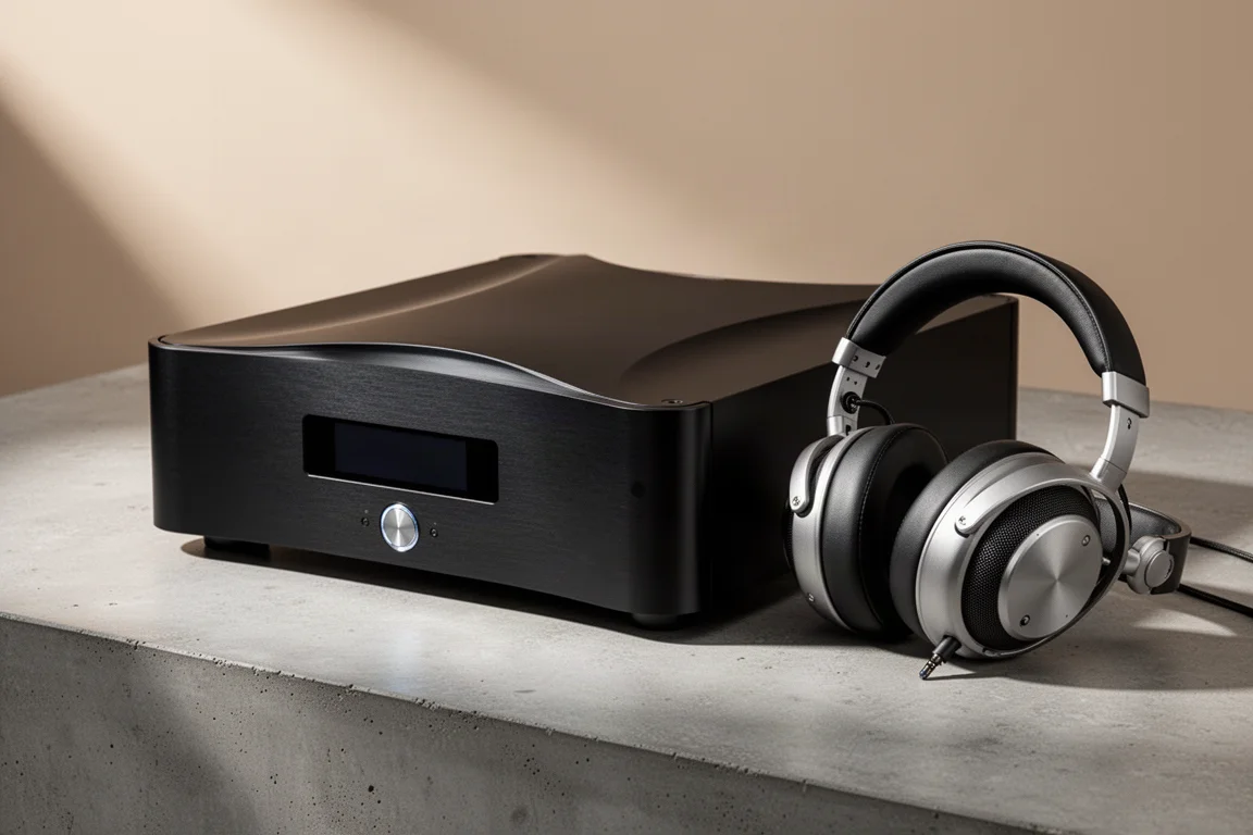 Large black desktop DAC and headphone amplifier beside full-size headphones on concrete