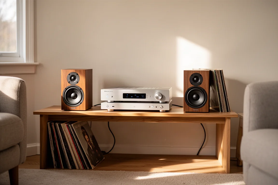 Compact hi-fi separates system on a low wooden rack in a bright living room