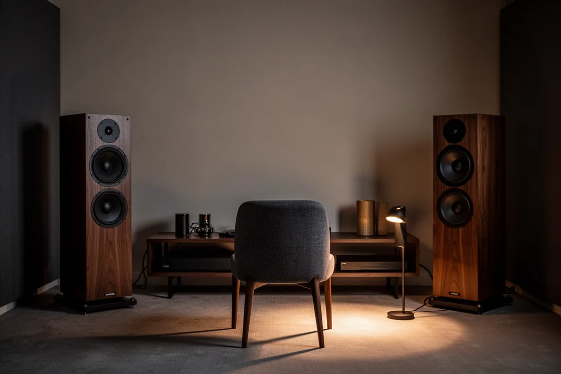 Dimly lit listening room with two floorstanding speakers and a single armchair