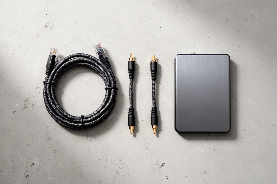 Overhead flat lay of ethernet cable, digital cable and compact solid-state drive