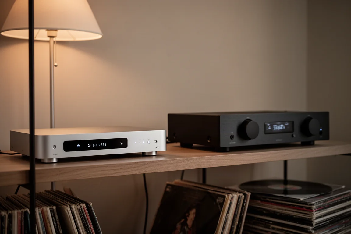 Evening listening scene with component shelf, floor lamp and stack of vinyl records