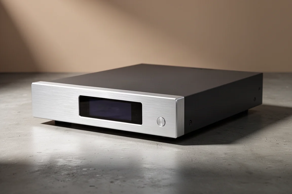 Slim silver-aluminium network streaming transport photographed on a matte concrete surface