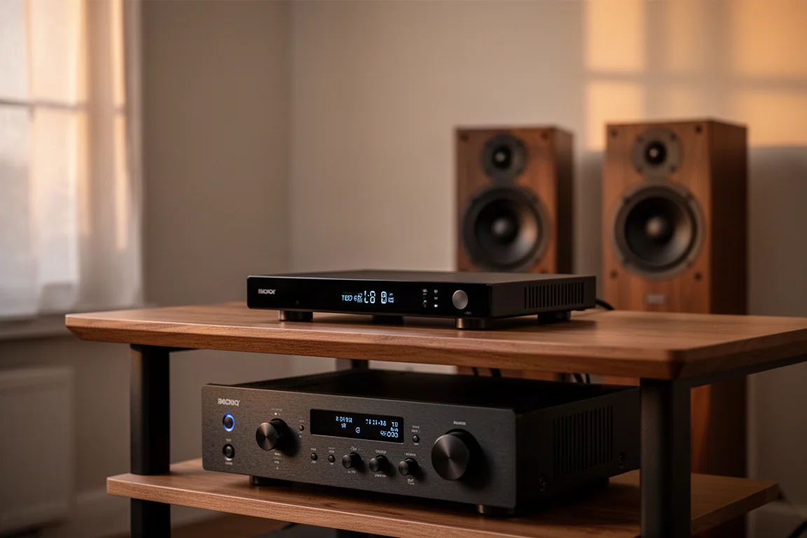 DAC in streaming nero e sottile su un ripiano basso in legno sopra un amplificatore in una sala d'ascolto