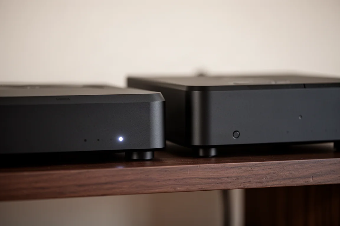 Due componenti hi-fi sottili nero opaco affiancati su un ripiano in legno scuro