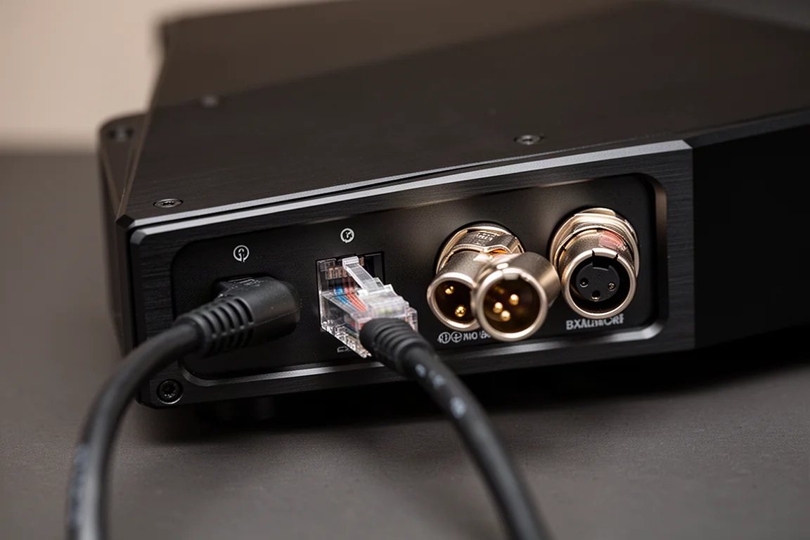 Cavo Ethernet e connettori bilanciati inseriti nel pannello posteriore di un componente audio nero