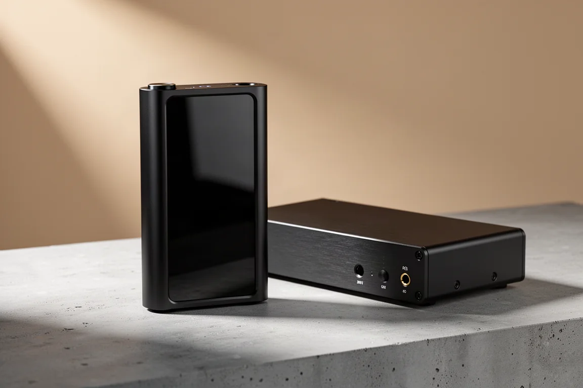 Slim matte black streaming DAC and matching power supply chassis on a concrete surface