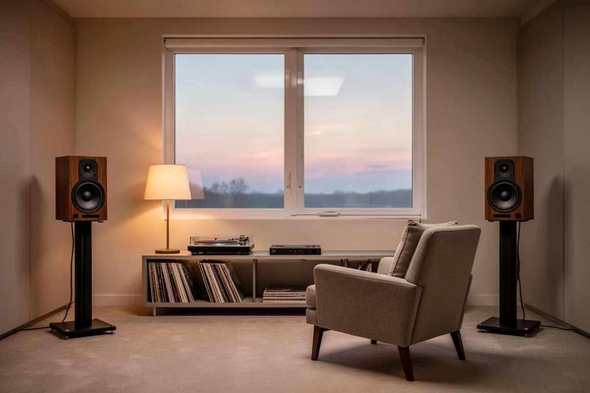 Sala de escucha al atardecer con altavoces compactos sobre soportes y un sillón individual
