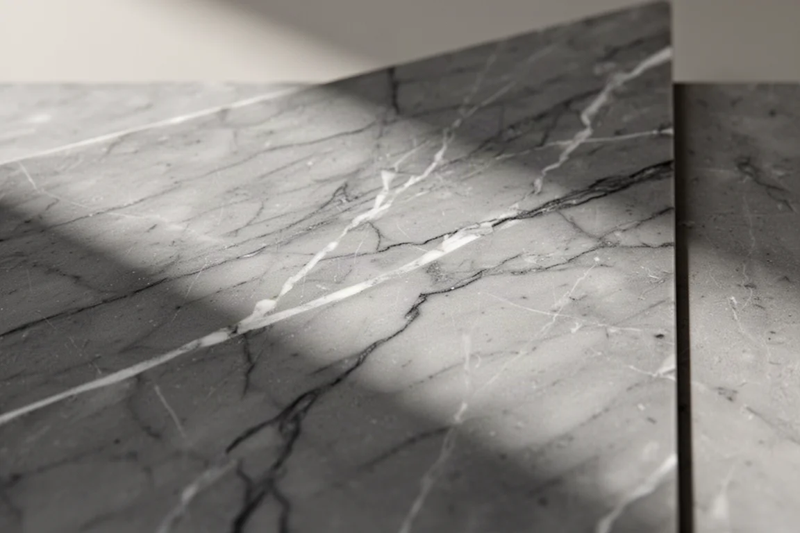 Primer plano de mármol gris pulido con finas vetas blancas y color carbón