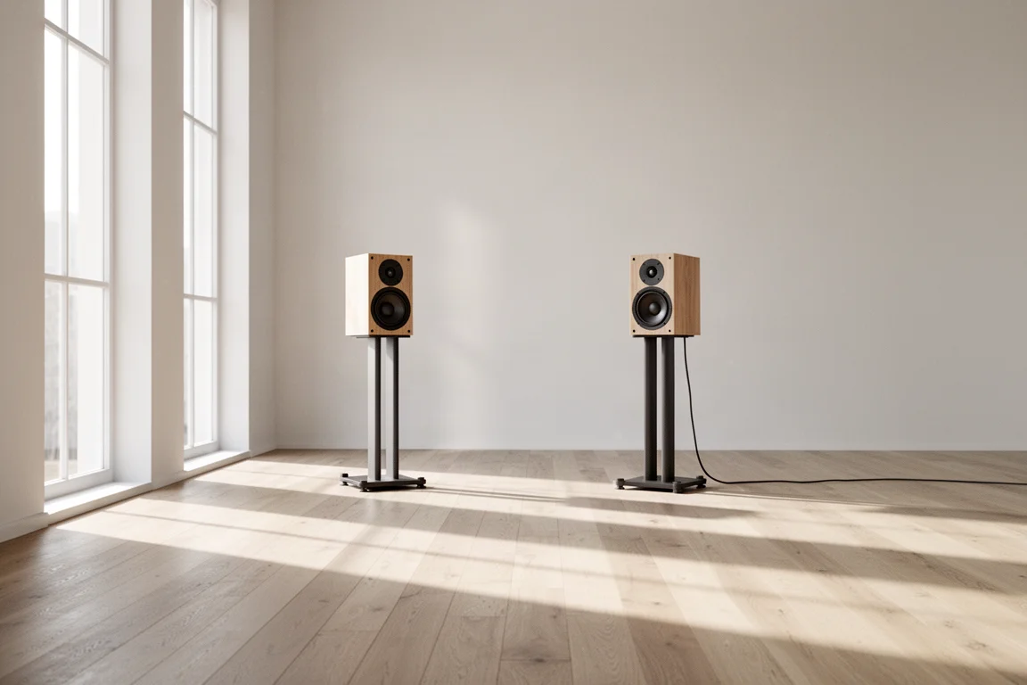 Sala luminosa con altavoces sobre soportes vistos a través de un amplio suelo de madera