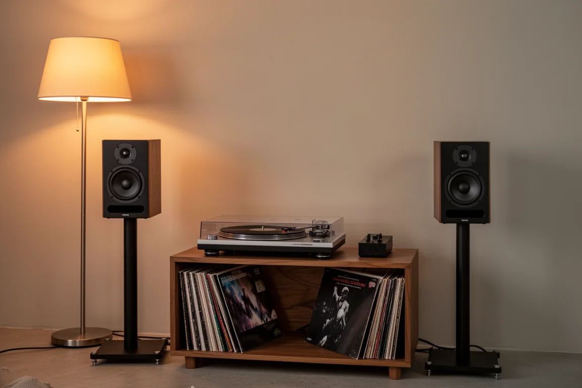 Equipo de alta fidelidad nocturno con altavoces sobre soportes, un tocadiscos y discos de vinilo
