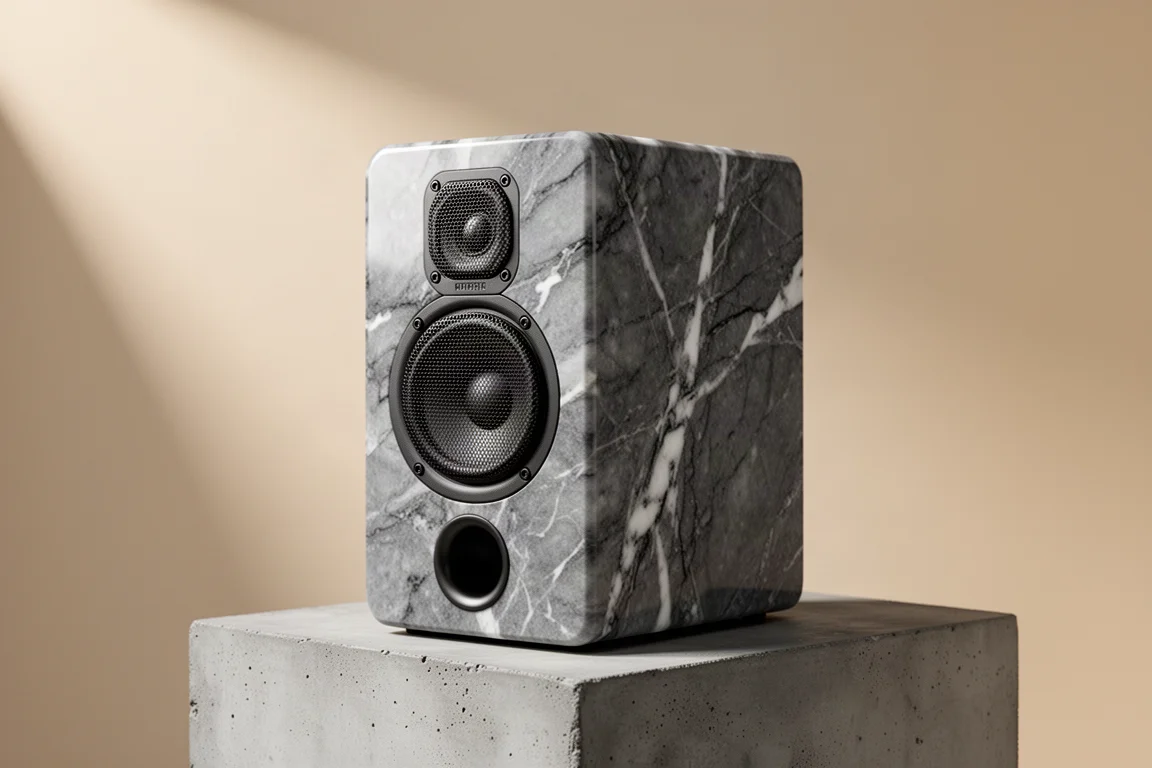 Compact marble stand-mount loudspeaker with ceramic drivers in a neutral studio setting