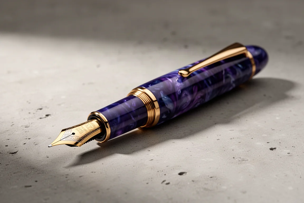Glossy blue-purple limited edition fountain pen with gold trim on concrete