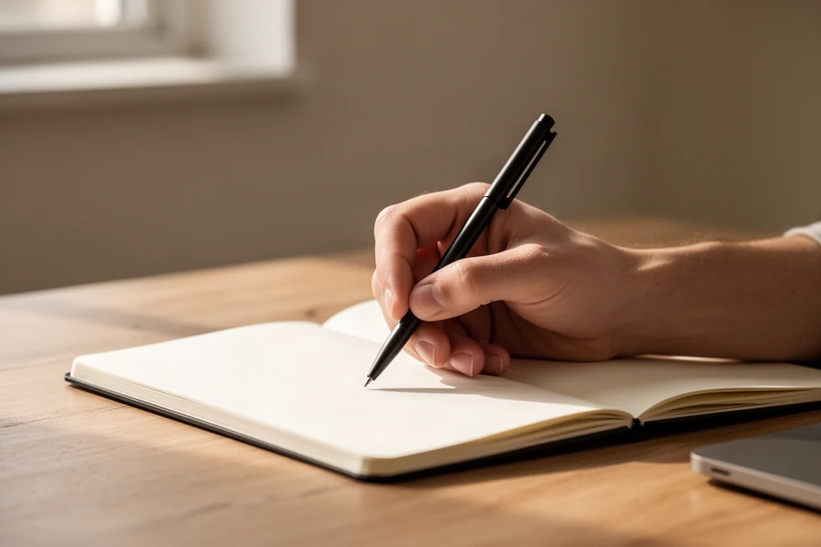Una mano escribiendo con un bolígrafo plano y esbelto sobre papel de cuaderno en un escritorio ordenado