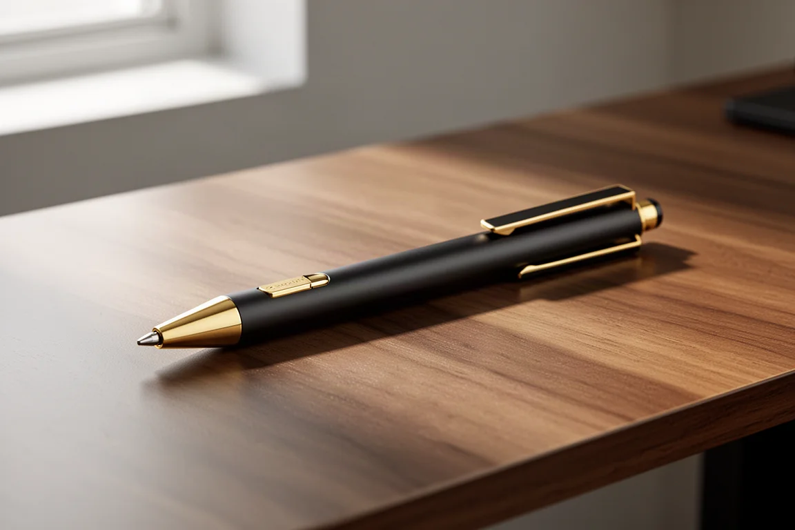 Penna a sfera nera e oro, piatta e sottile, su una scrivania in legno spazzolato