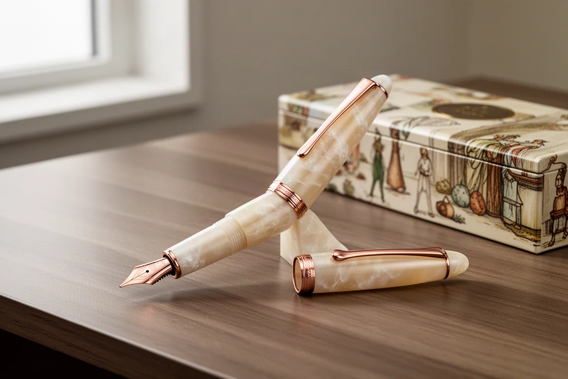 Aurora Volterra fountain pen with cream marbled resin and rose gold trim on a wooden desk