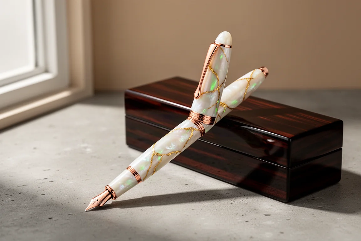 Penna stilografica in resina perlata con finiture in oro rosa accanto a un cofanetto laccato scuro