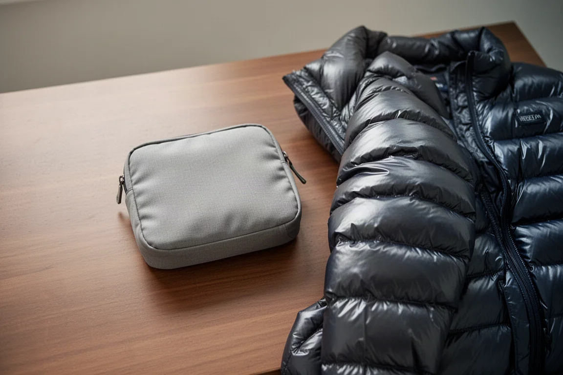 Heated down jacket packed into a small travel pouch on a wooden surface