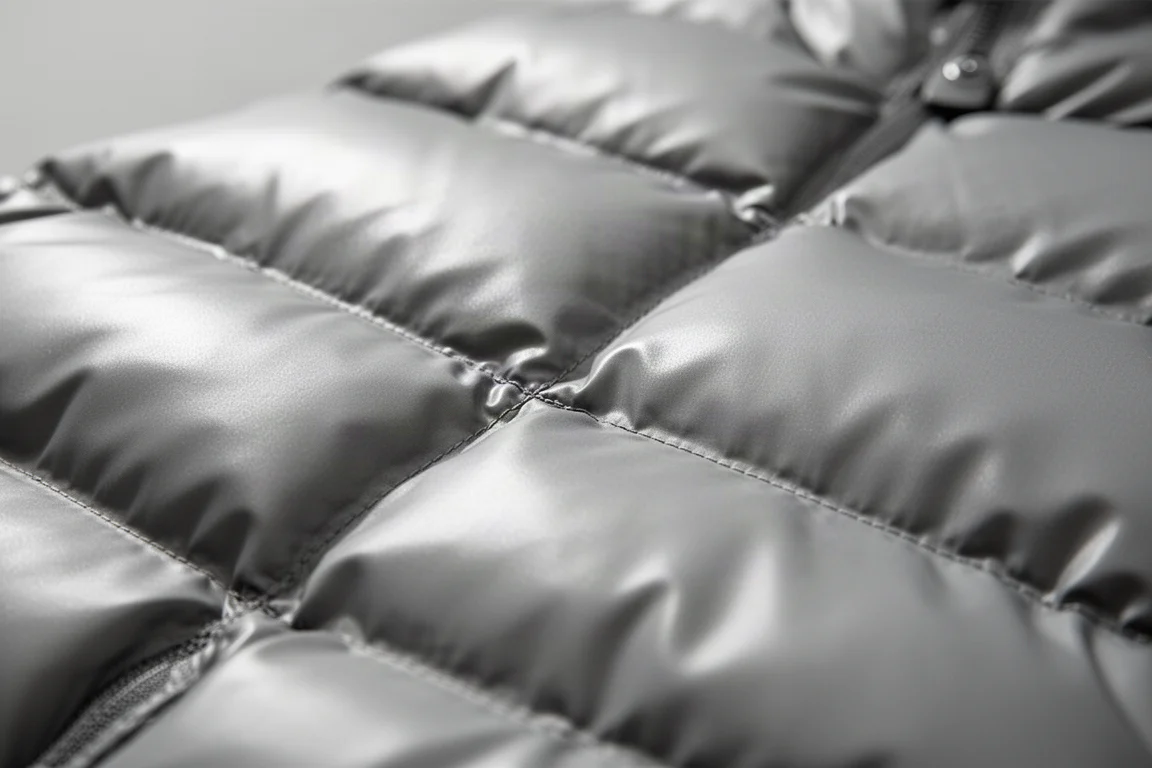 Close-up of quilted down baffles and water-resistant shell fabric
