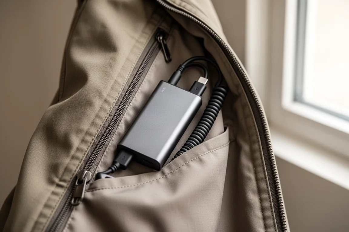 Battery cable plugged into a jacket's inner battery pocket
