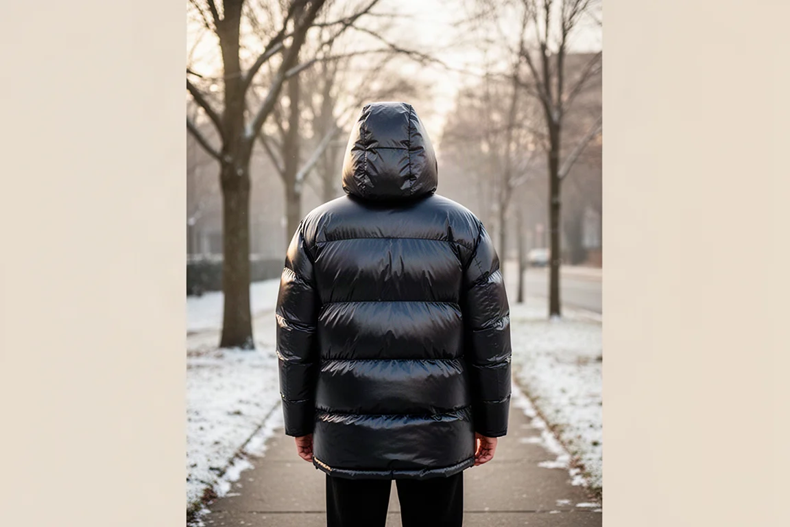 Person outdoors in winter light wearing a glossy heated down jacket