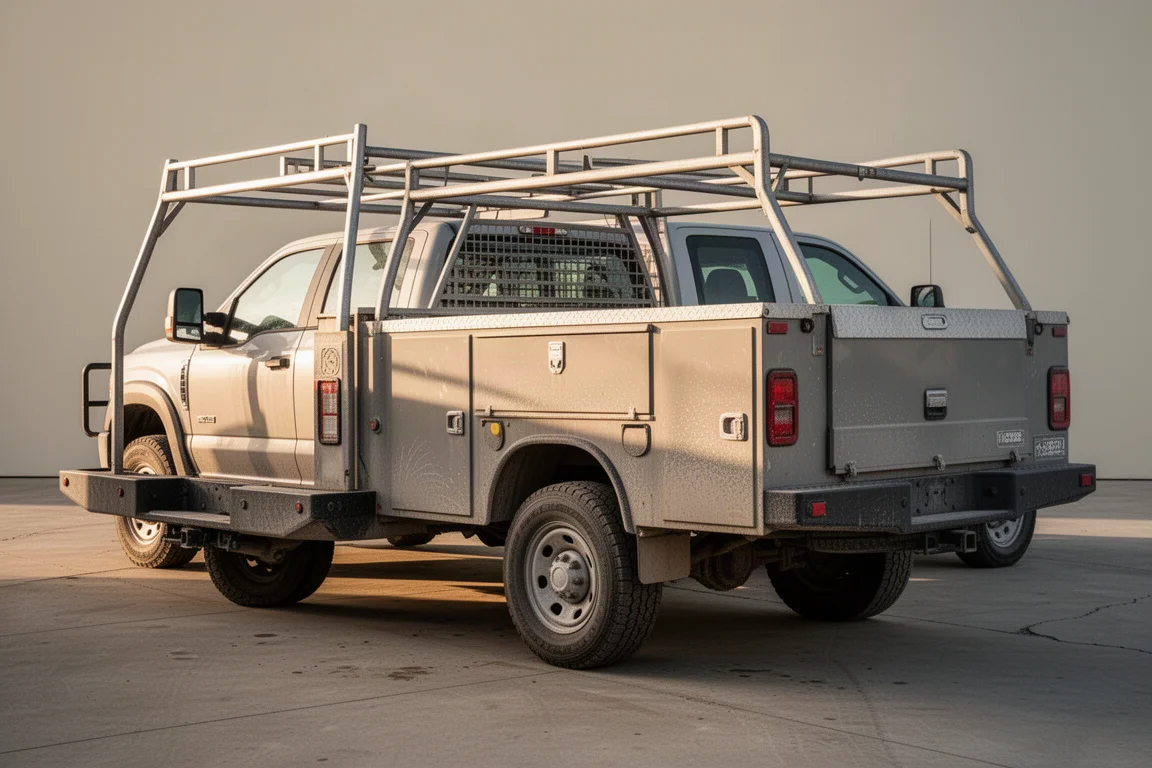 Pickup diesel lourd avec benne utilitaire photographié lors d'une présentation d'enchères