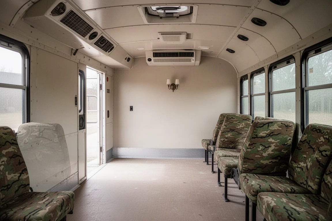 Intérieur vide d'un bus de transport institutionnel avec un plancher propre prêt pour conversion