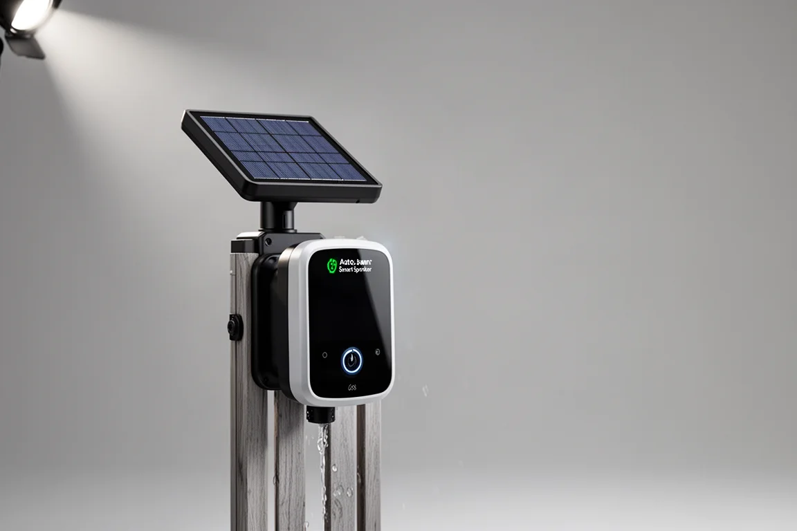 木製フェンスのある芝生に置かれたAper Irresense 2とAuto Lawn Smart Sprinkler