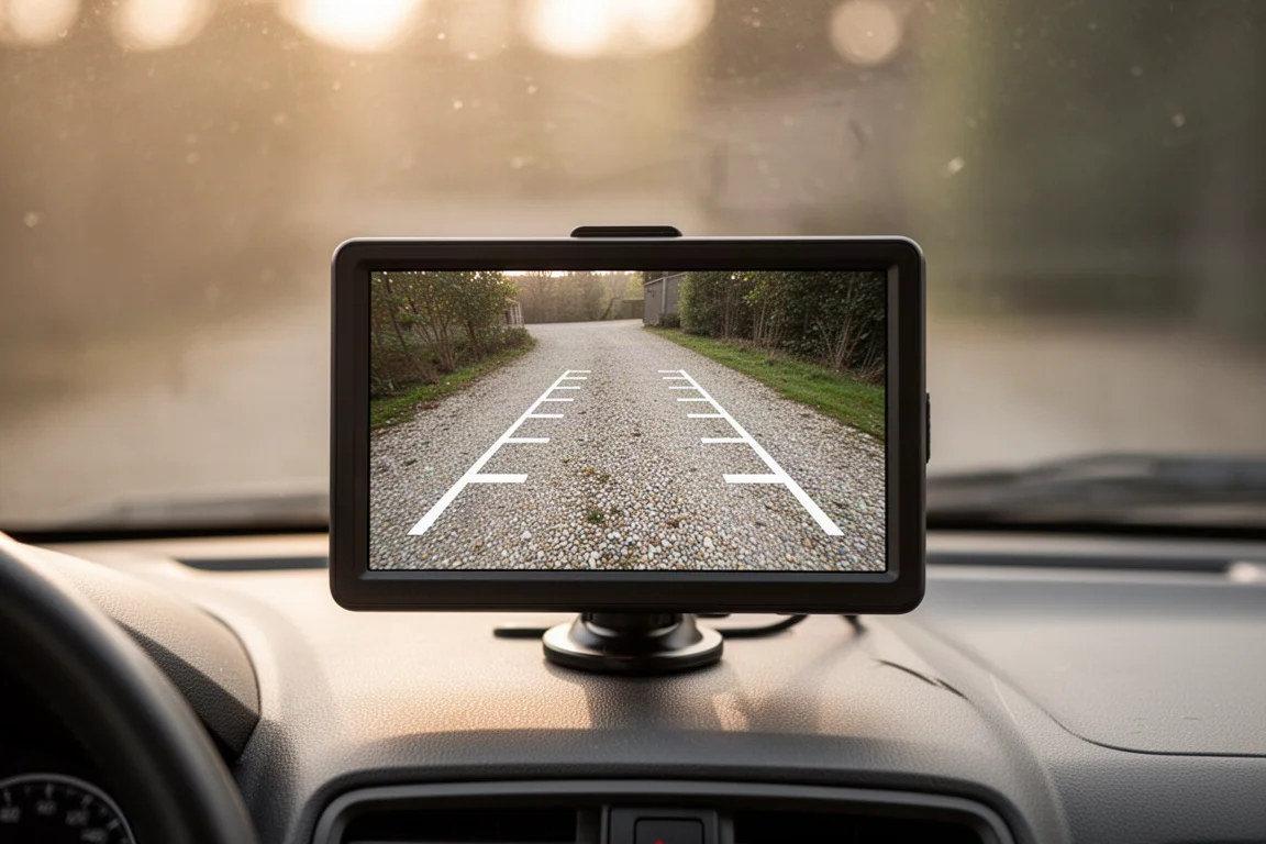Draagbare monitor op het dashboard van een voertuig met een achteraanzicht en parkeerlijnen