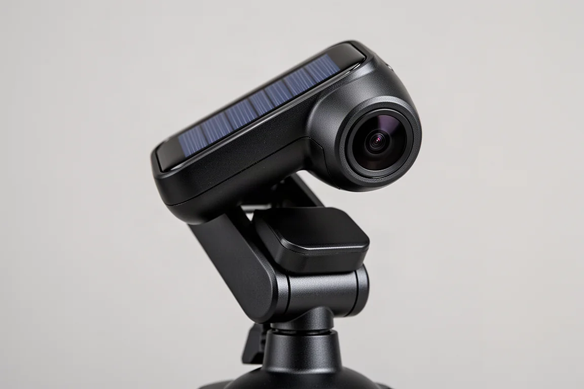 Achteruitrijcamera afgesteld op een schuine hoek naar boven, met zichtbaar scharnierende montuurbeugel