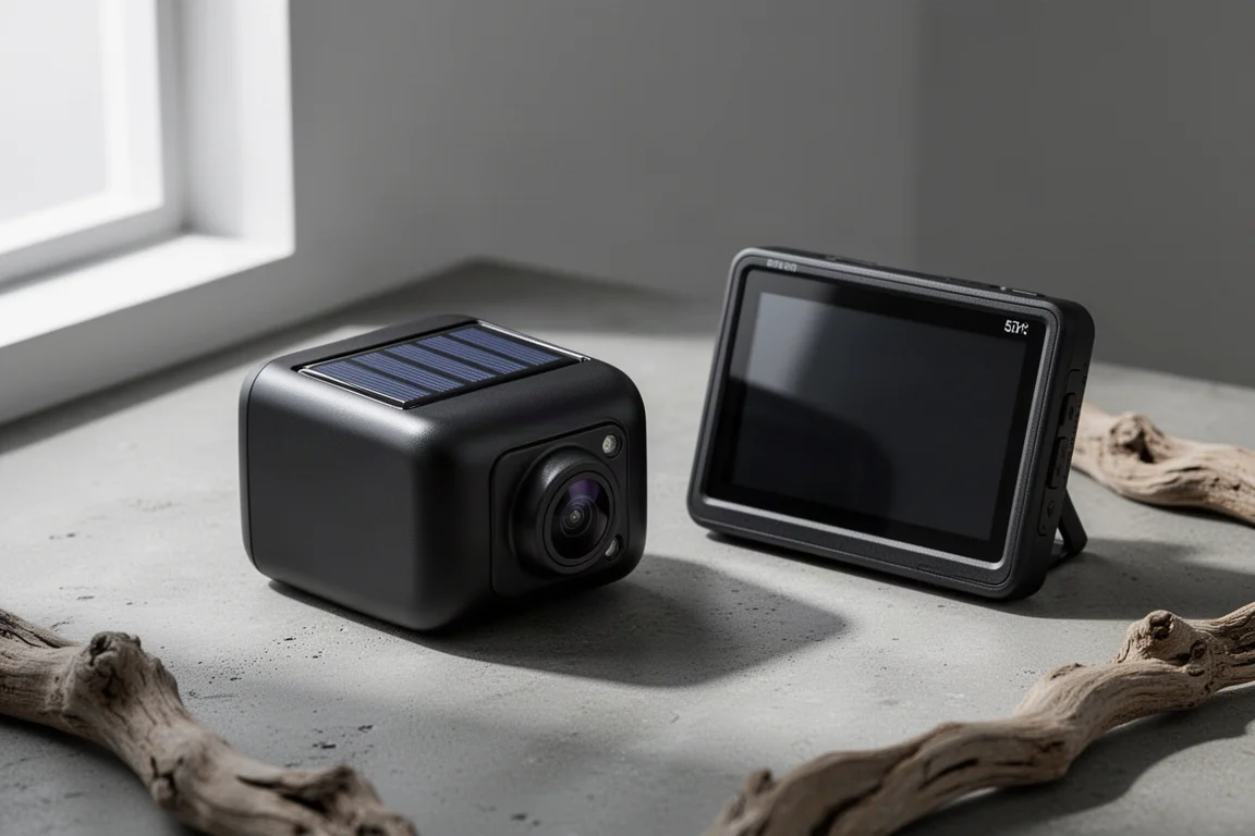 AUTO-VOX Solar 1 Pro achteruitrijcamera met zonnepaneel naast draagbaar monitor-scherm