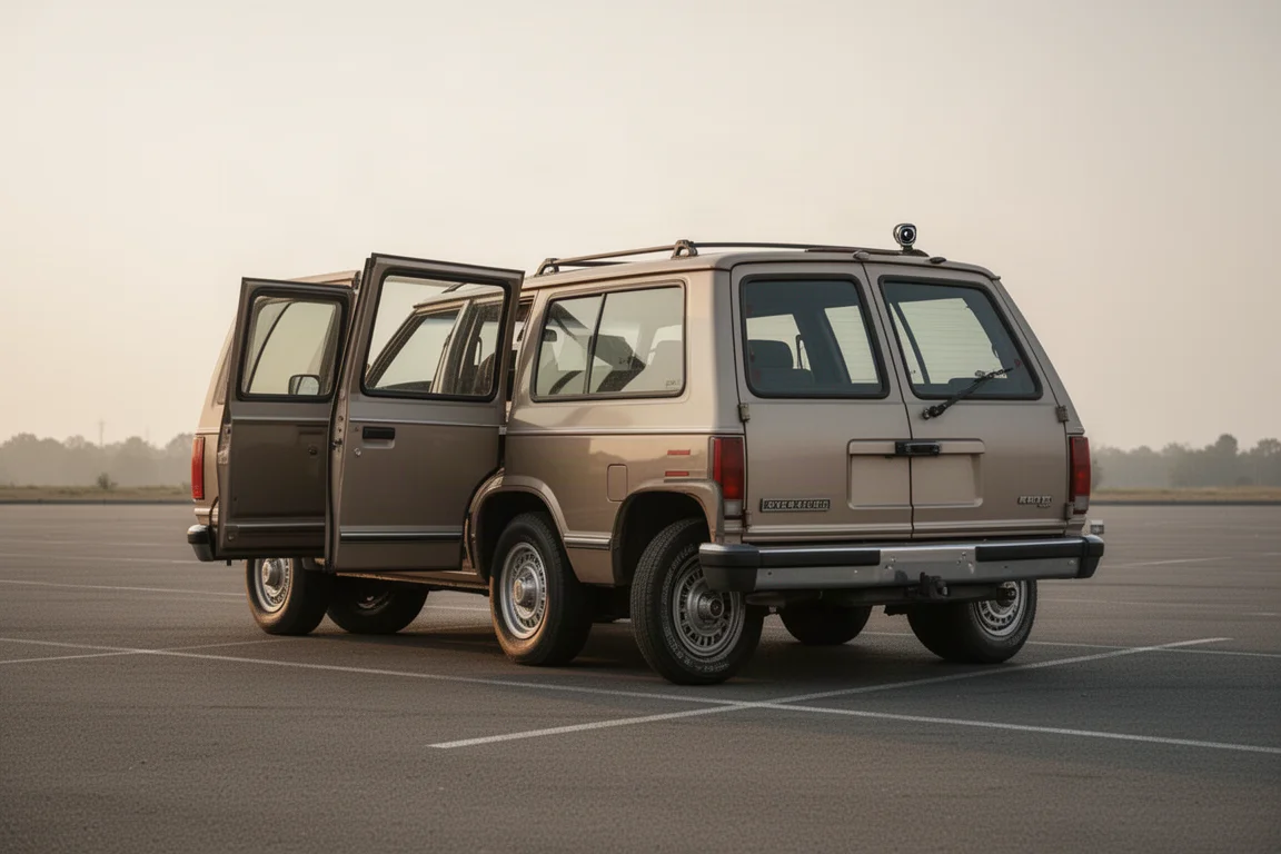 Bred vy av en äldre fullstor SUV med delade bakdörrar parkerad på en öppen plats
