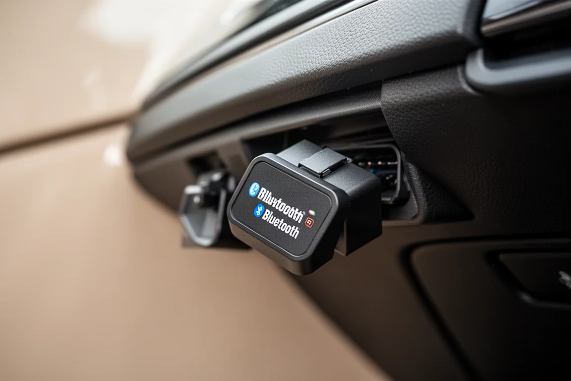 OBD2 Bluetooth-connector aangesloten op de diagnosepoort van een auto onder het dashboard