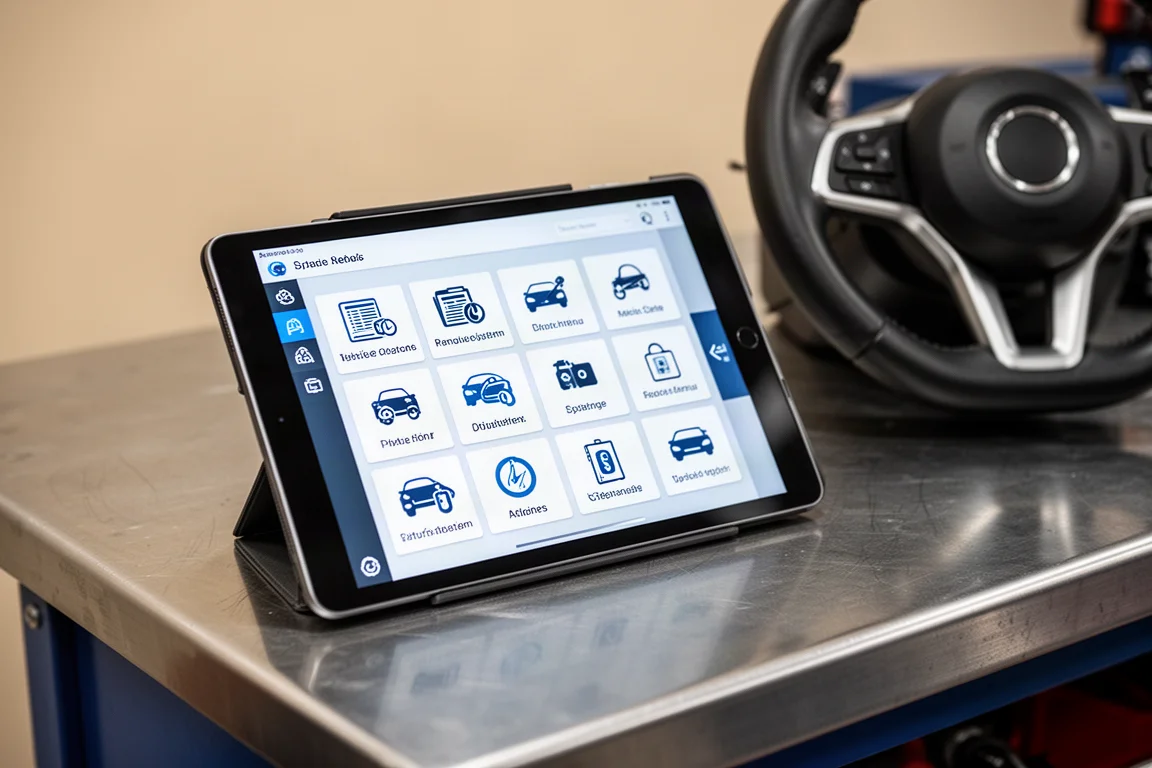 Tabletscherm met een voertuigdiagnosemenu met meerdere opties voor systeemtests
