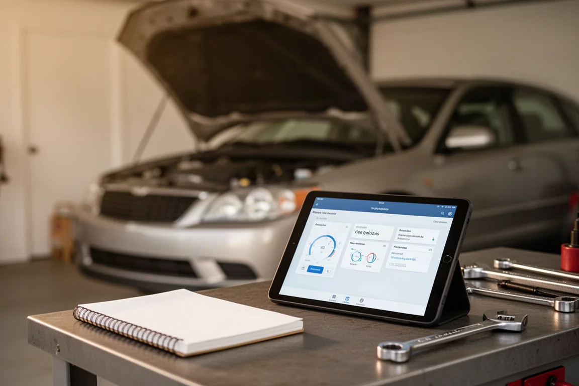 Doe-het-zelver gebruikt een diagnosetablet terwijl een laptop en voertuighandleiding op de werkbank in de garage liggen