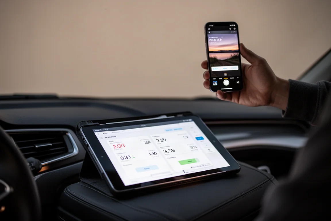 Tablet op een autostoel toont diagnoseresultaten terwijl een telefoon het scherm fotografeert