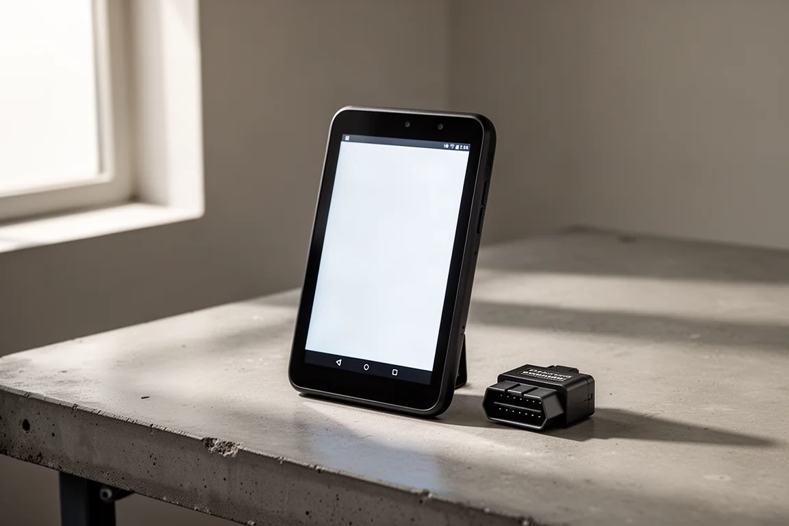 Android 診斷平板電腦連同 Bluetooth OBD2 接頭放在石屎工作枱上