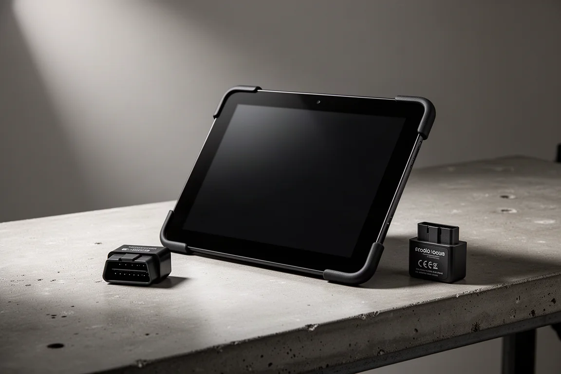 Autofix OBD2 scanner tablet with wireless connection module on a concrete workbench