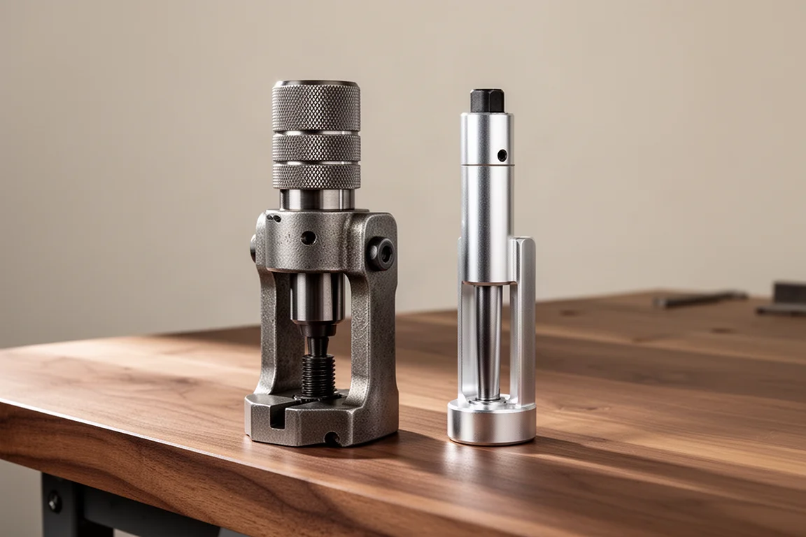 Steel and aluminum automatic center punches side by side on a workbench