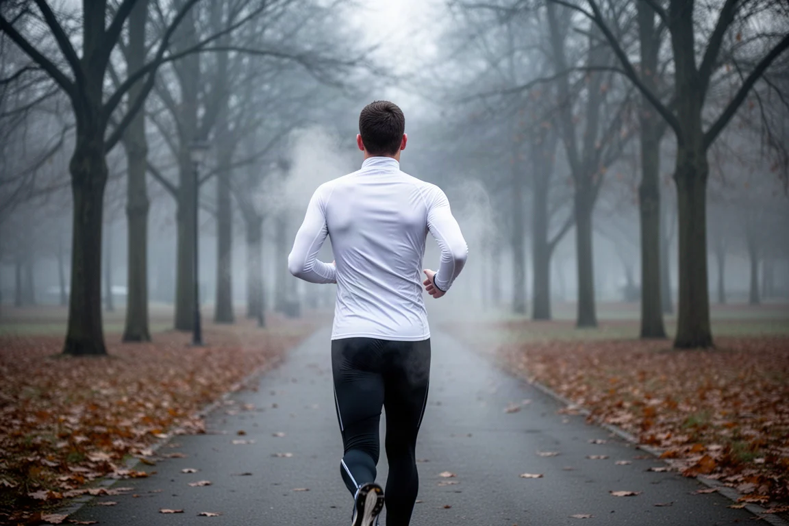 Runner in a thin long-sleeve base layer jogging on a cold autumn morning