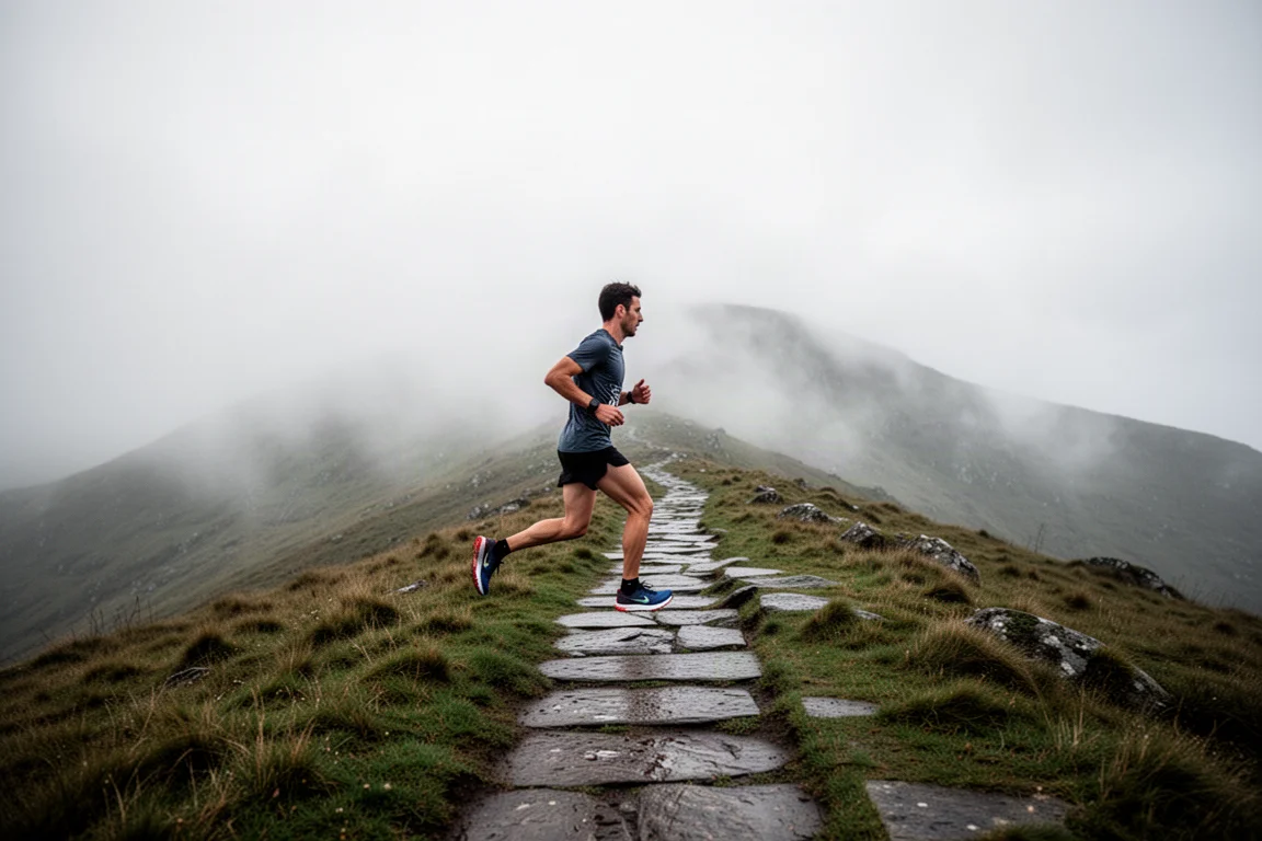 Trail runner crossing a wet hillside with wind battering the ridge