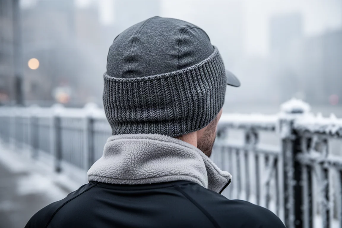 Close-up of a runner wearing a knitted headband and fleece cap on a cold road