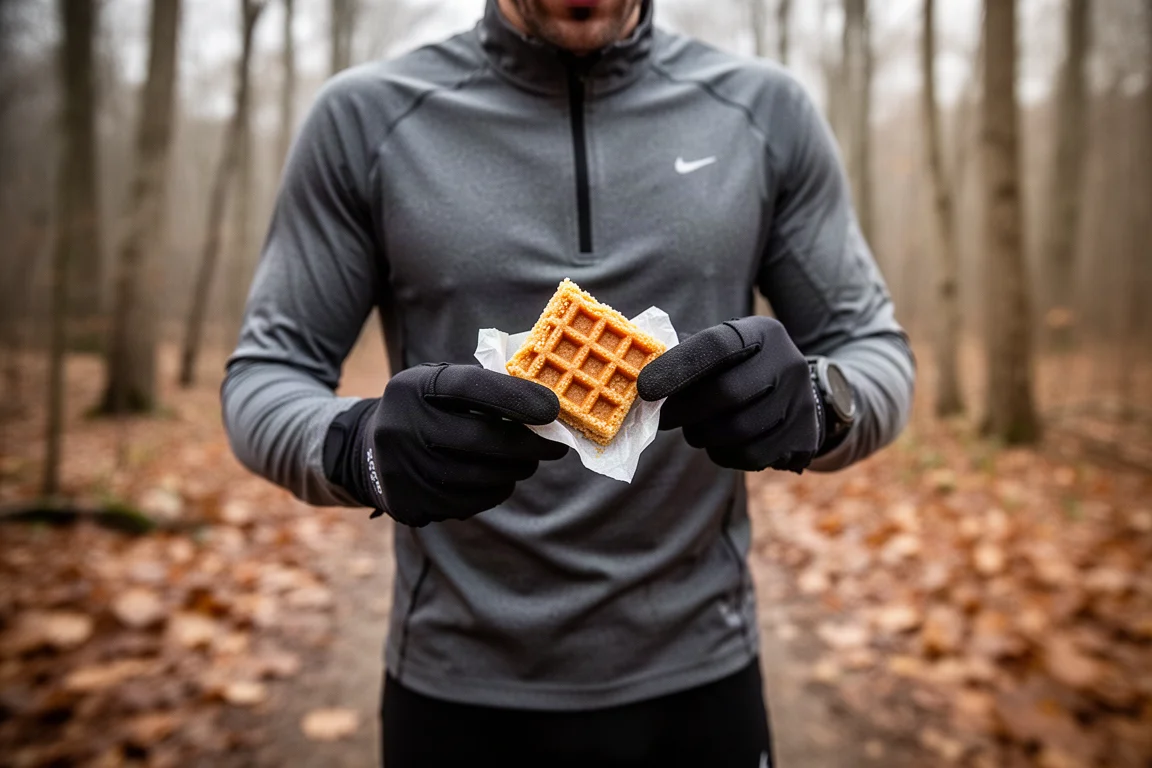 Runner eating a small maple waffle during a long trail run