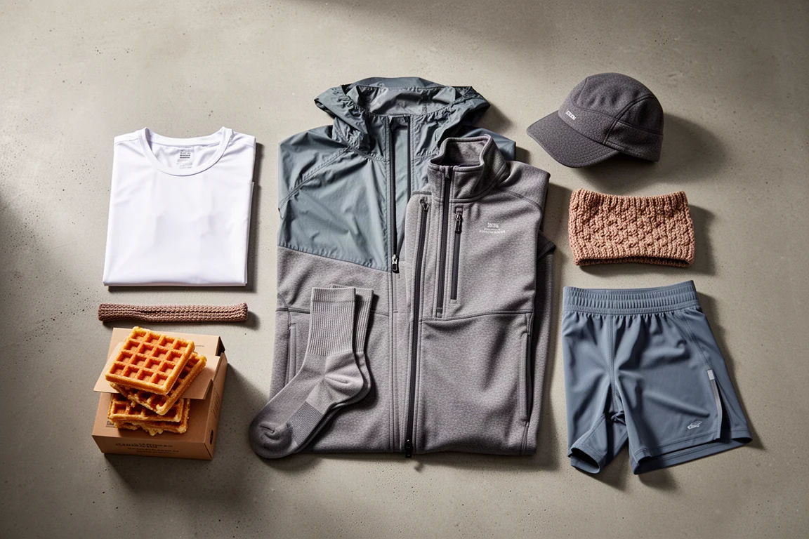 Flat-lay of autumn running gear including base layer, jacket, cap, headband, socks and waffles on concrete