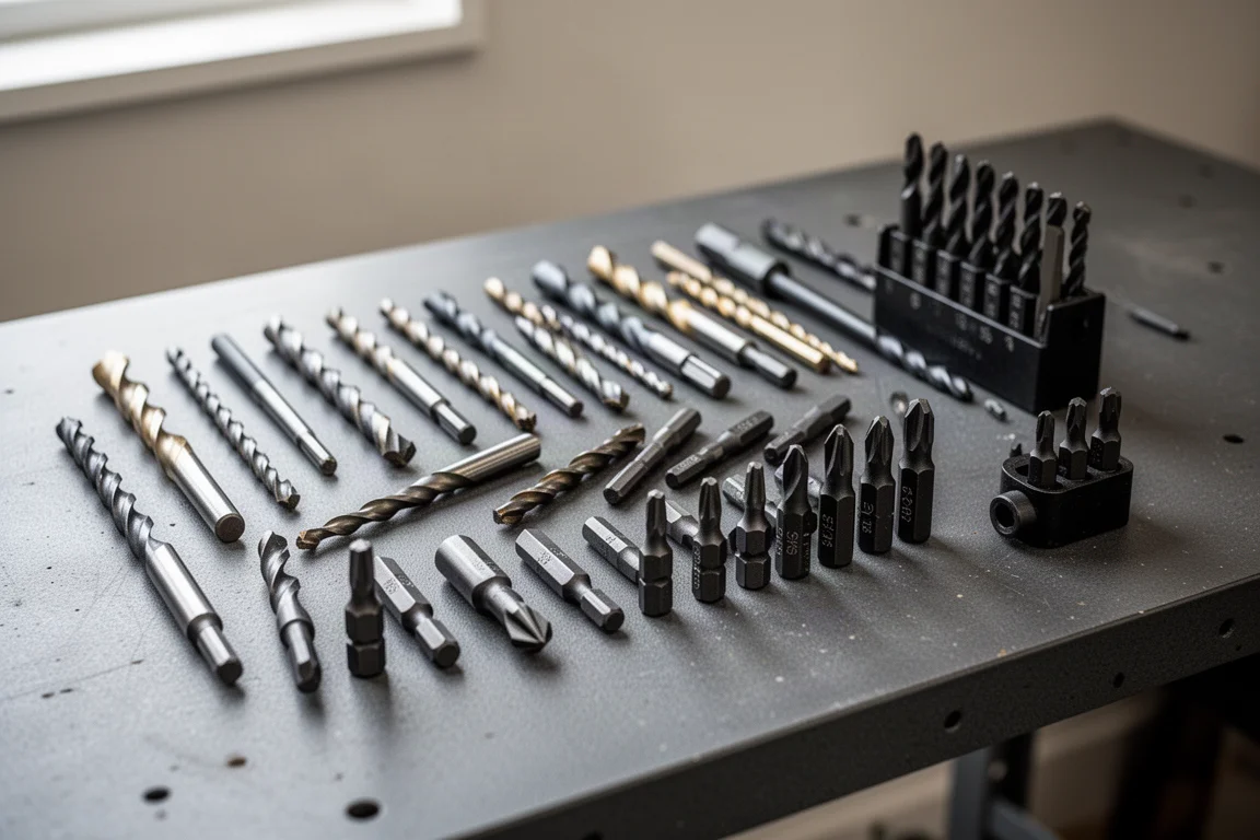 Assorted drill and driver bits laid out on a workbench