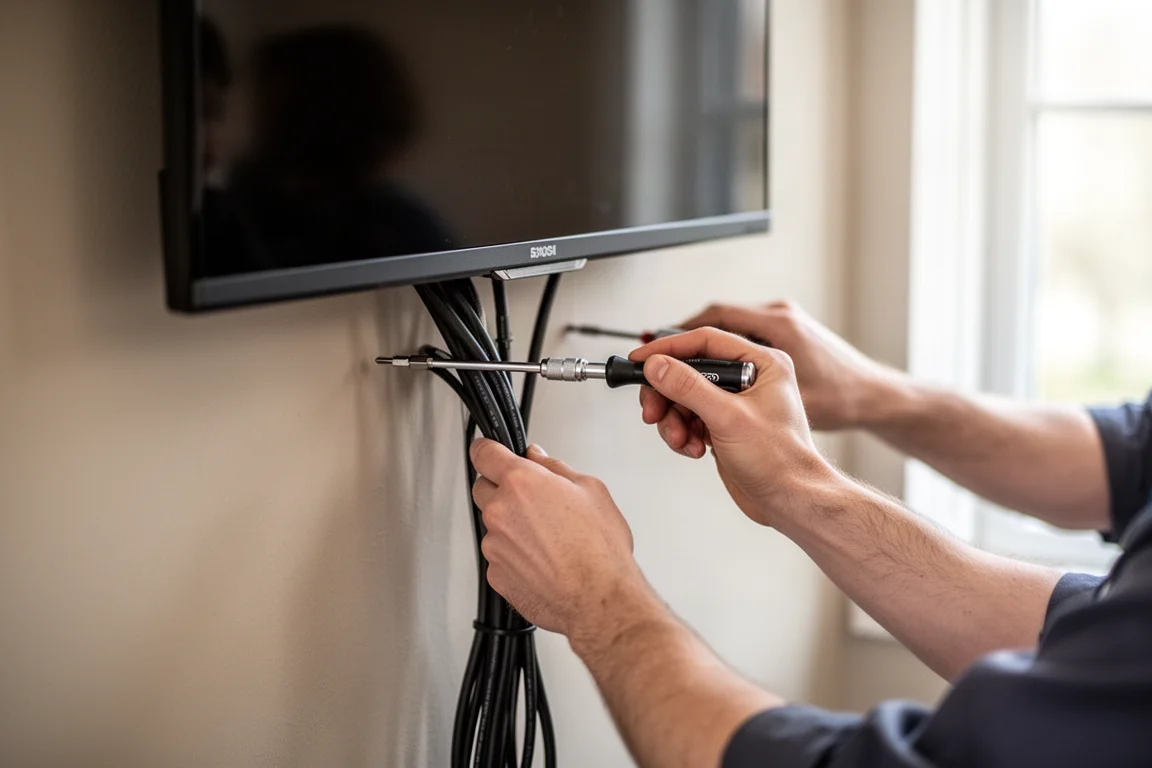 Technician working behind a wall-mounted TV with hand tools