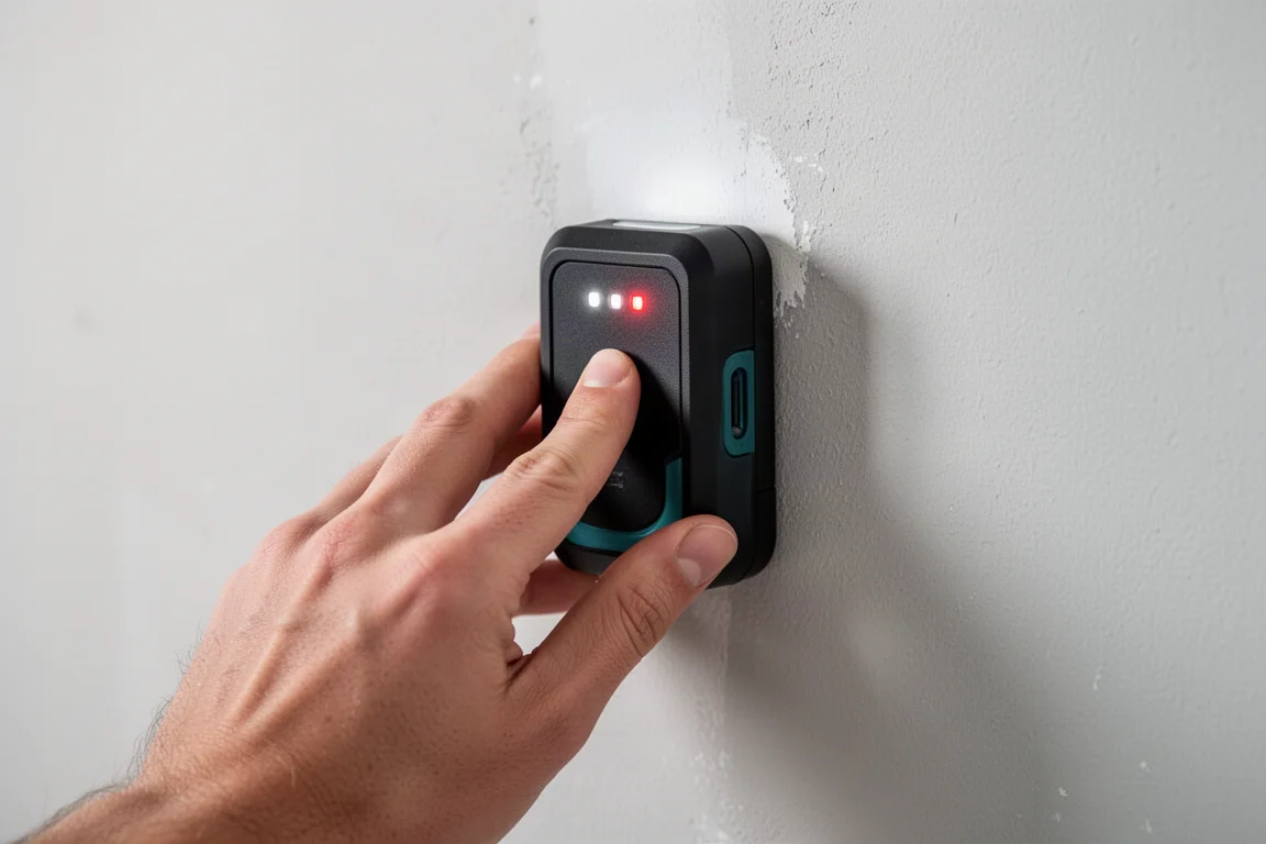 Stud finder held against a drywall wall showing lit indicators