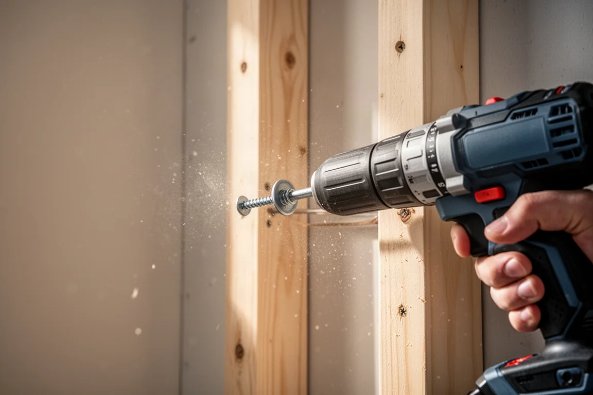 Cordless drill driving a fastener into a wooden stud