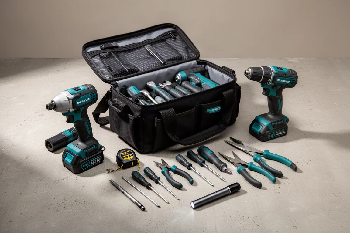 Open tool bag surrounded by power tools, screwdrivers, cutters, and a pen light on concrete